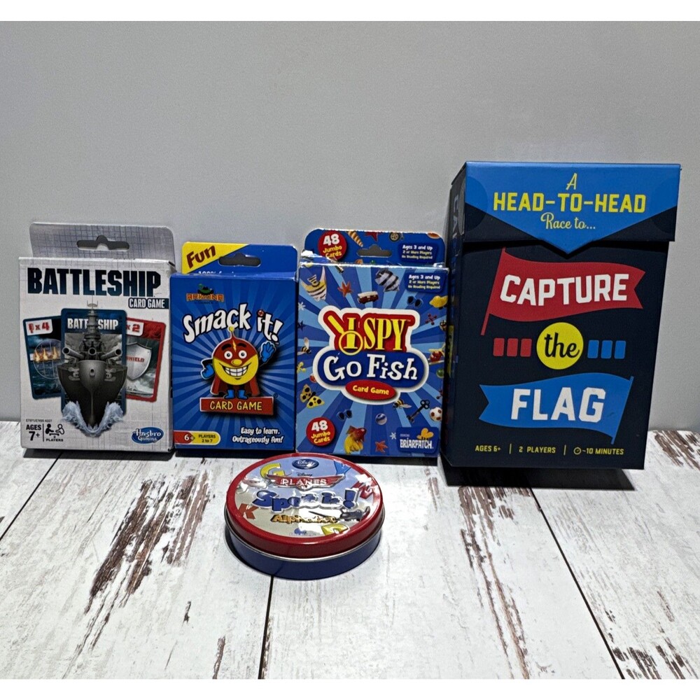 5 great kid games Battleship,Smack-it,I-Spy go fish,Capture the flag&Spot it